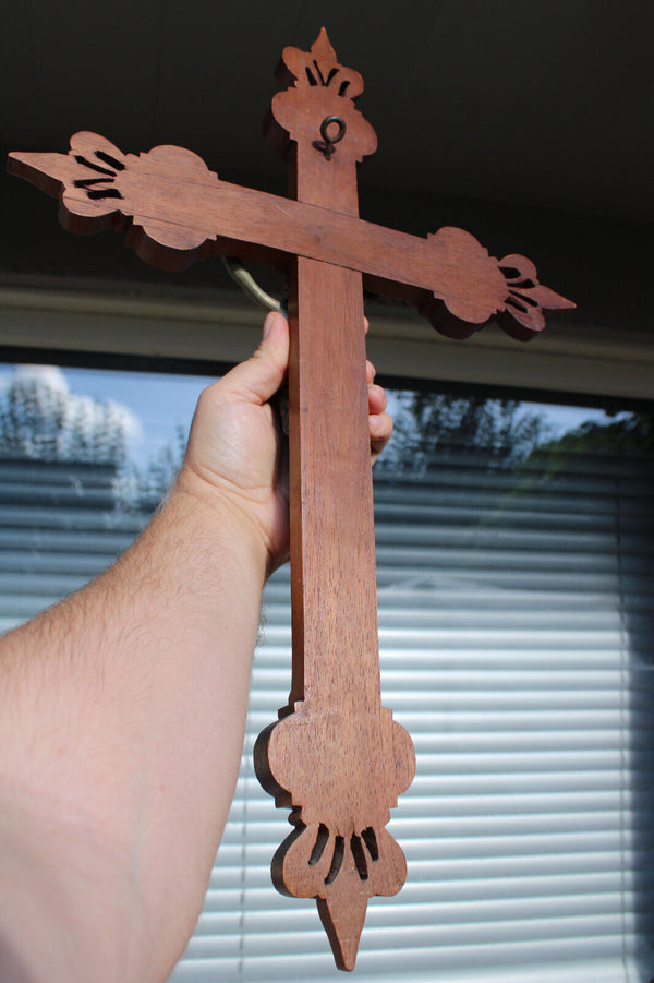 Antique wood carved crucifix fleur de lys religious wall church cross