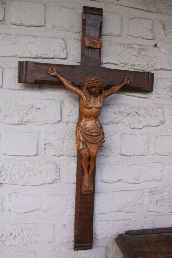 Antique large french wood carved wall crucifix religious