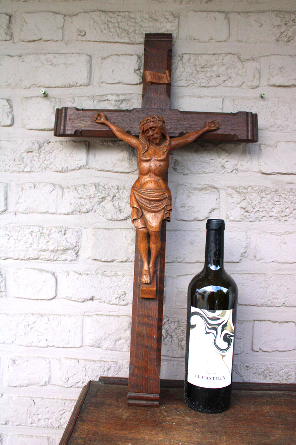 Antique large french wood carved wall crucifix religious