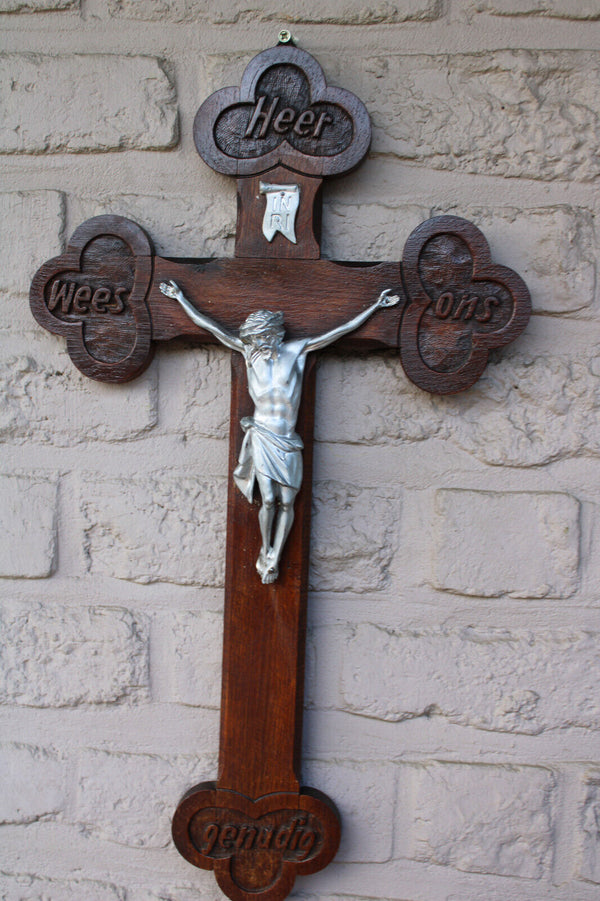 Antique wood carved crucifix text lord have mercy on us dutch