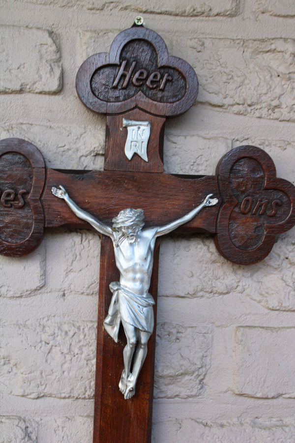 Antique wood carved crucifix text lord have mercy on us dutch