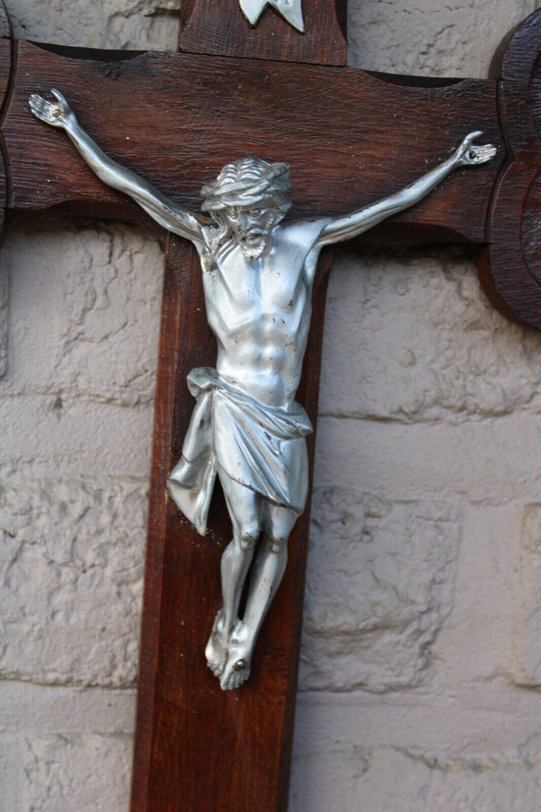 Antique wood carved crucifix text lord have mercy on us dutch