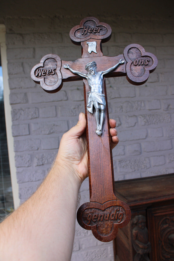 Antique wood carved crucifix text lord have mercy on us dutch