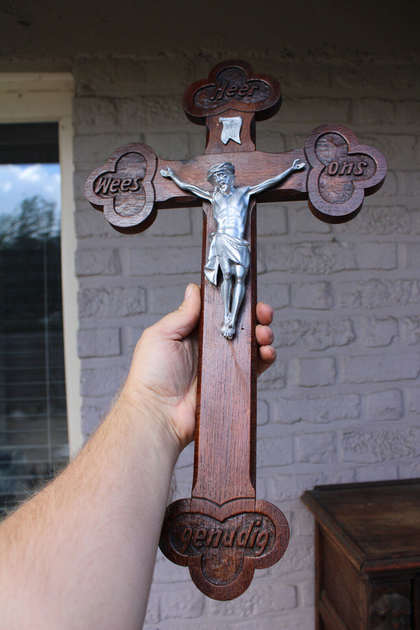 Antique wood carved crucifix text lord have mercy on us dutch