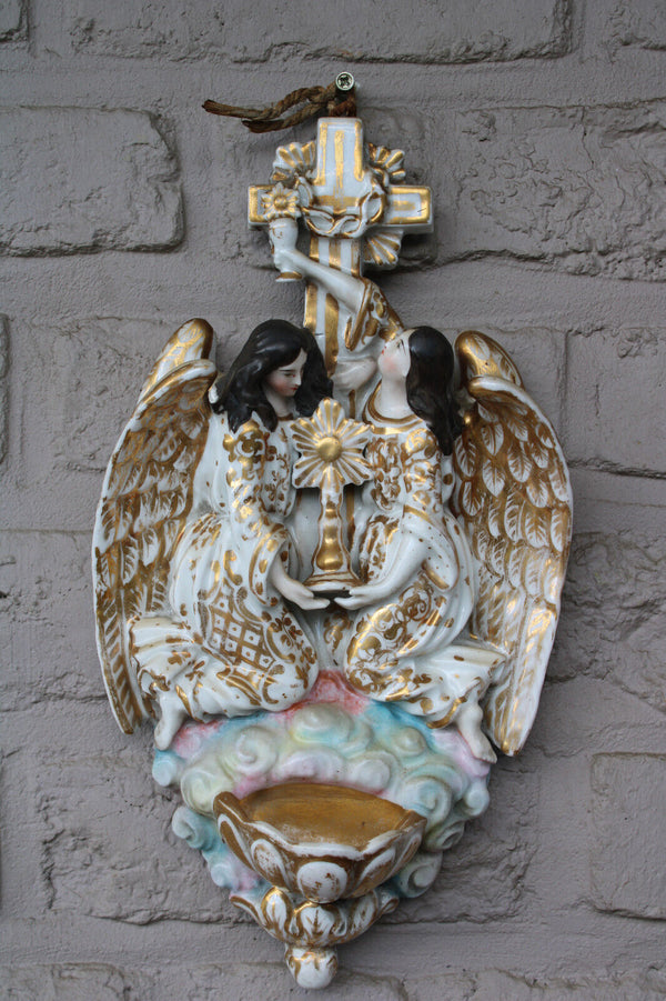 Antique XL vieux paris porcelain archangel holy water font crucifix rare