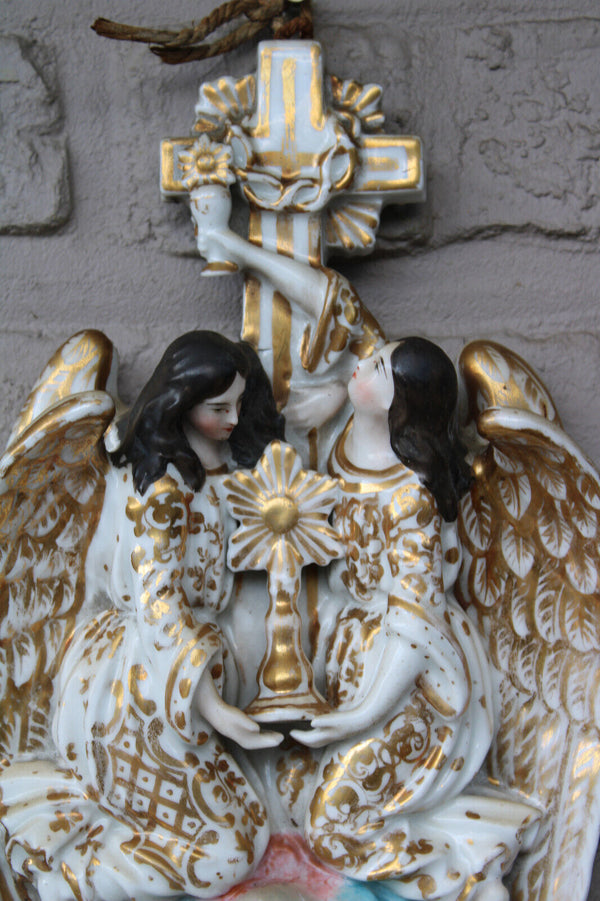 Antique XL vieux paris porcelain archangel holy water font crucifix rare