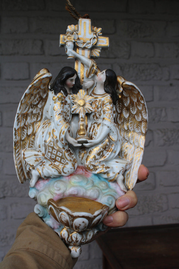 Antique XL vieux paris porcelain archangel holy water font crucifix rare