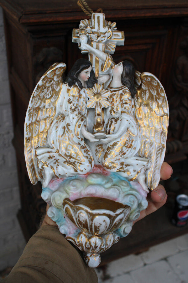 Antique XL vieux paris porcelain archangel holy water font crucifix rare