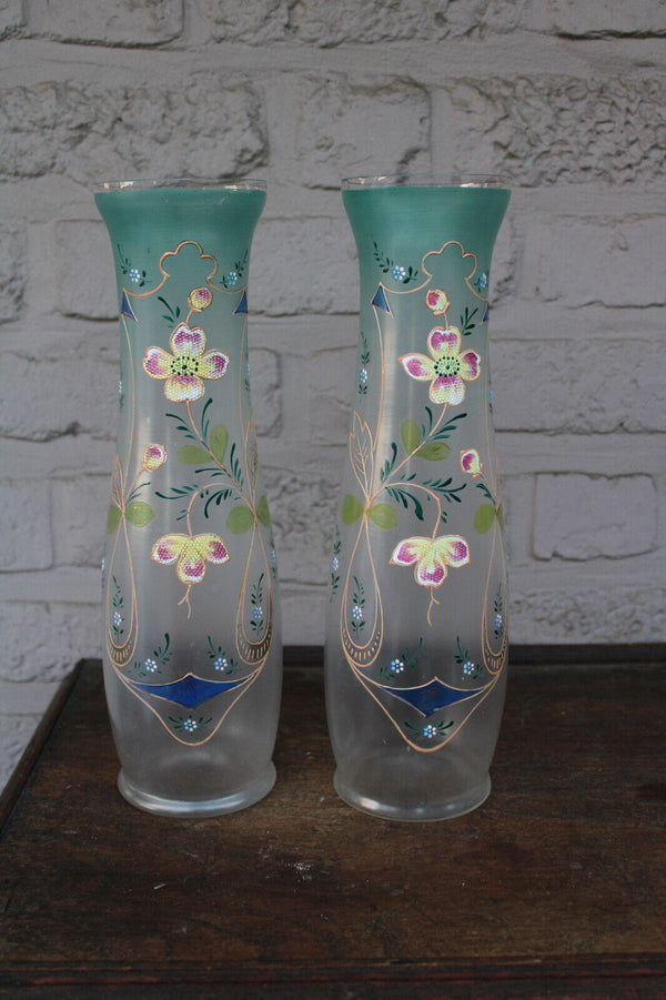 PAIR antique art nouveau glass enamel floral vases