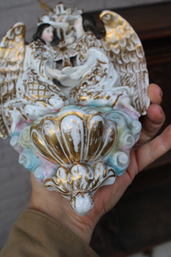 Antique XL vieux paris porcelain archangel holy water font crucifix rare