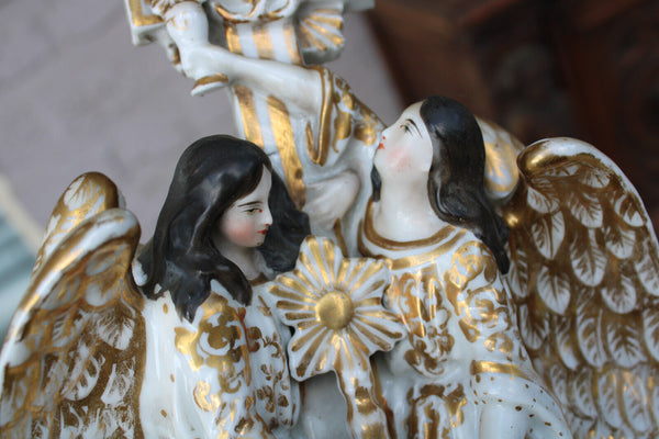 Antique XL vieux paris porcelain archangel holy water font crucifix rare