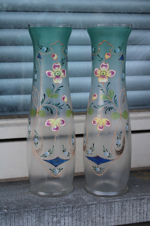 PAIR antique art nouveau glass enamel floral vases