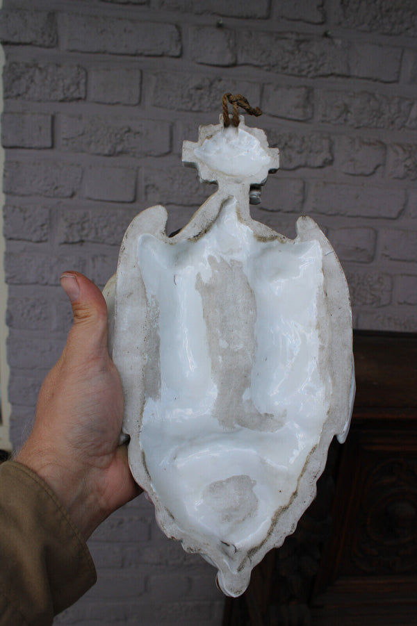 Antique XL vieux paris porcelain archangel holy water font crucifix rare