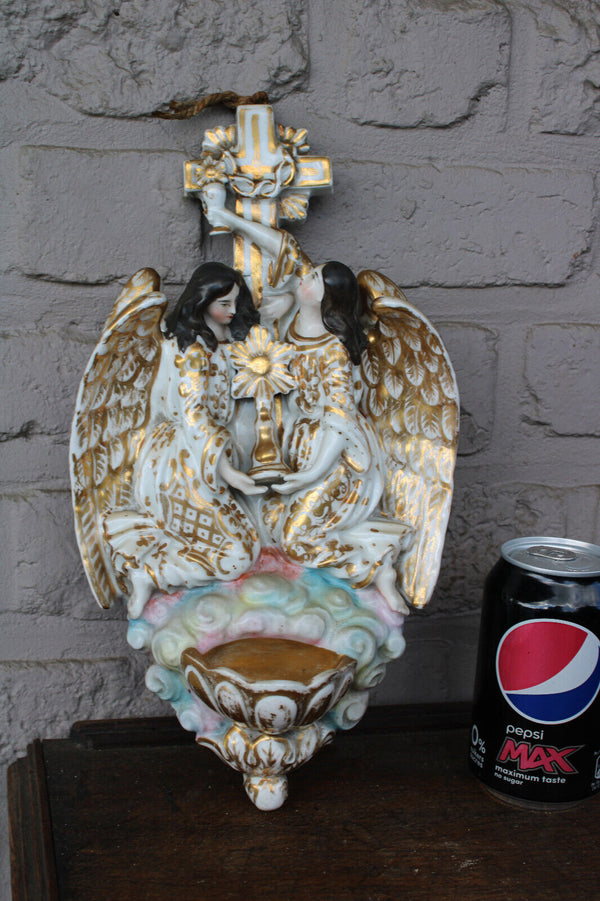 Antique XL vieux paris porcelain archangel holy water font crucifix rare