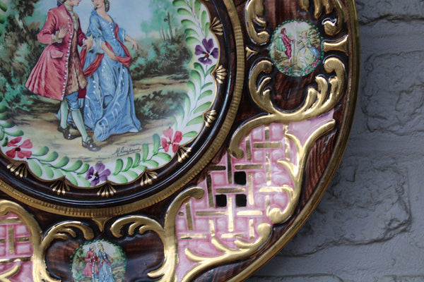 Antique Belgian Becquet faience XL victorian medaillon wall plate signed