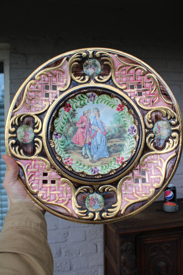 Antique Belgian Becquet faience XL victorian medaillon wall plate signed