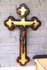 Antique XL bronze wood crucifix fleur de lys religious
