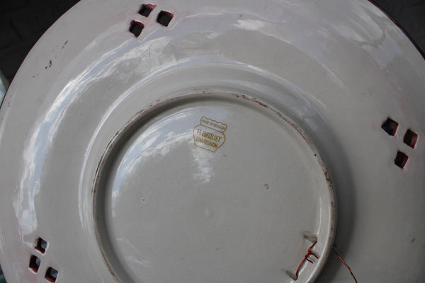 Antique Belgian Becquet faience XL victorian medaillon wall plate signed