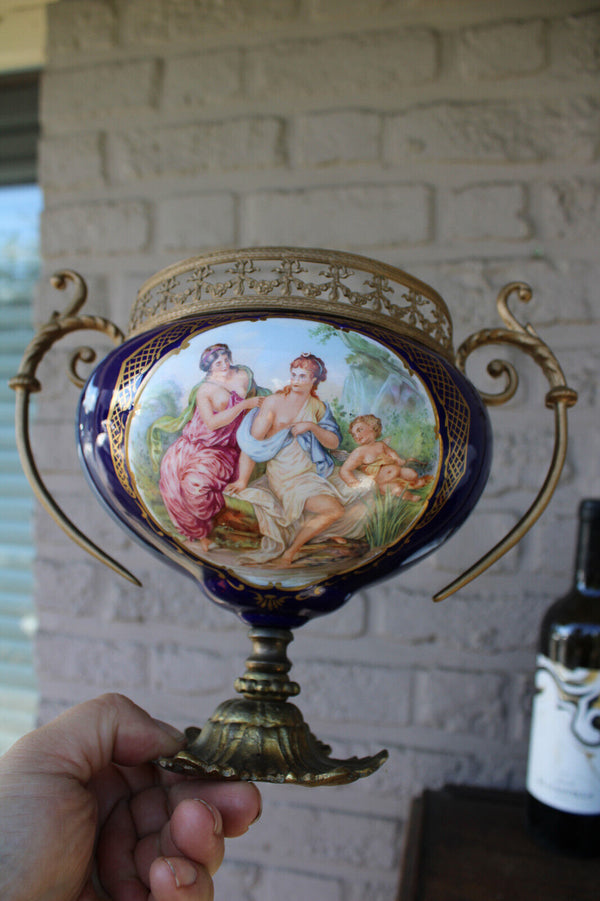 Vintage cobalt blue limoges porcelain victorian scene centerpiece bowl vase