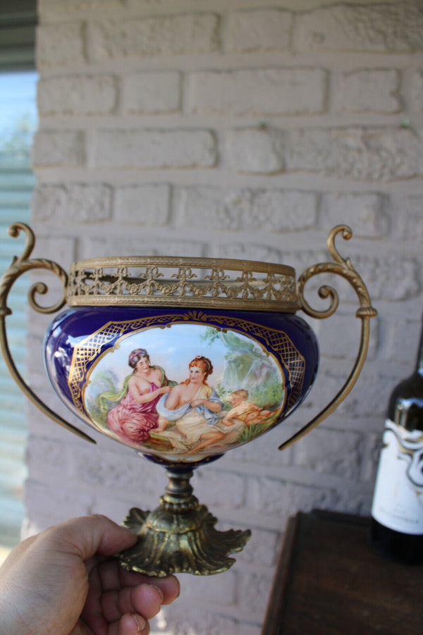 Vintage cobalt blue limoges porcelain victorian scene centerpiece bowl vase