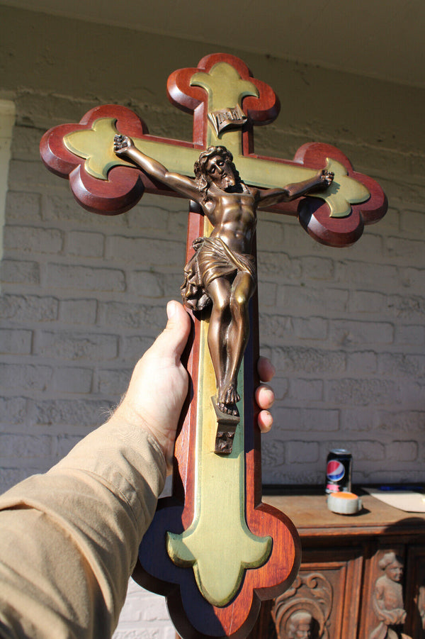 Antique XL bronze wood crucifix fleur de lys religious