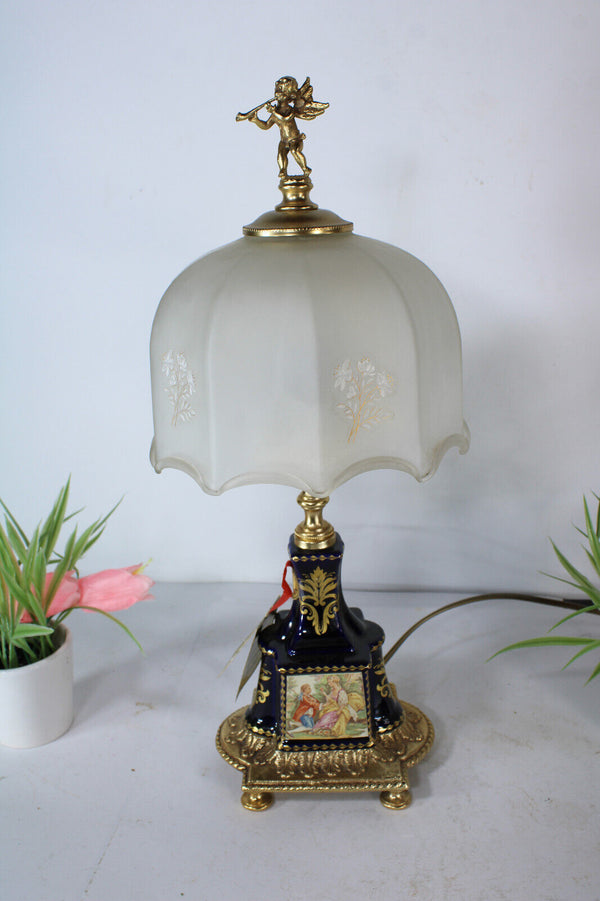 Vintage T Limoges cobalt porcelain table lamp glass shade putti cherub figurine