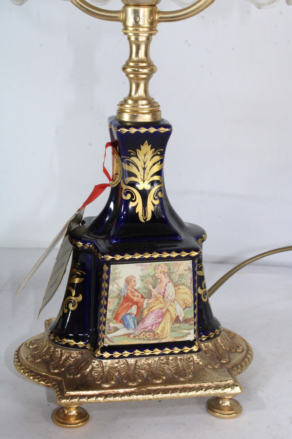 Vintage T Limoges cobalt porcelain table lamp glass shade putti cherub figurine
