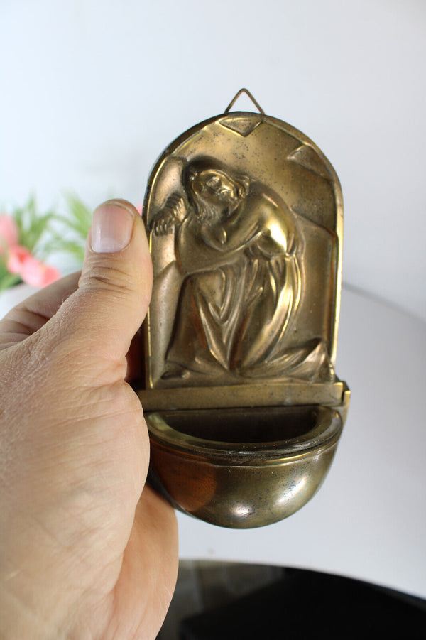 Antique metal gold gilt jesus carrying cross holy water font religious