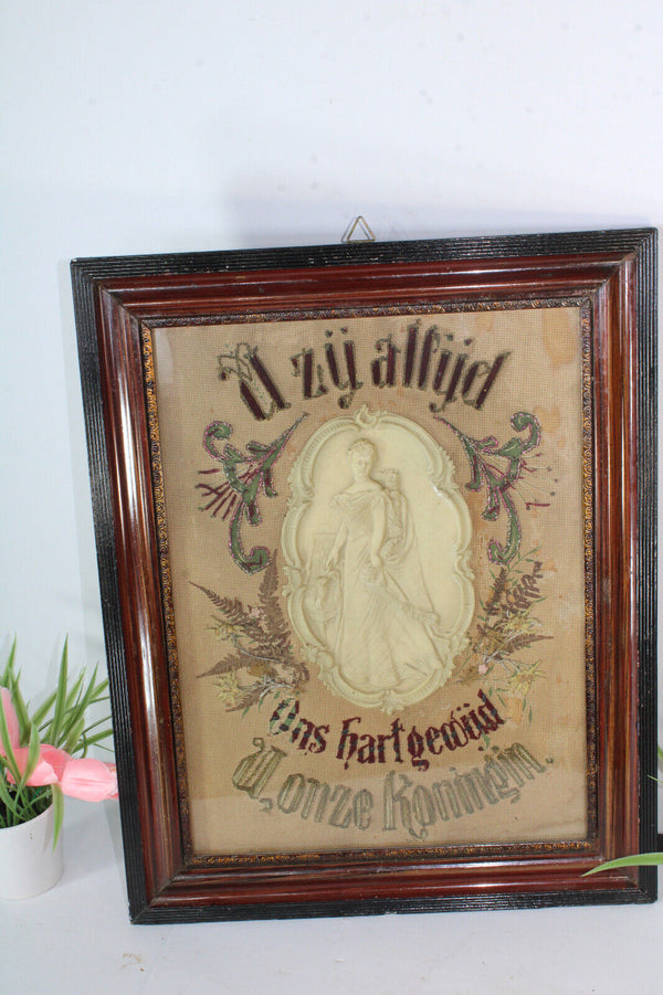Antique religious embroidery wax mdaillon wall plaque
