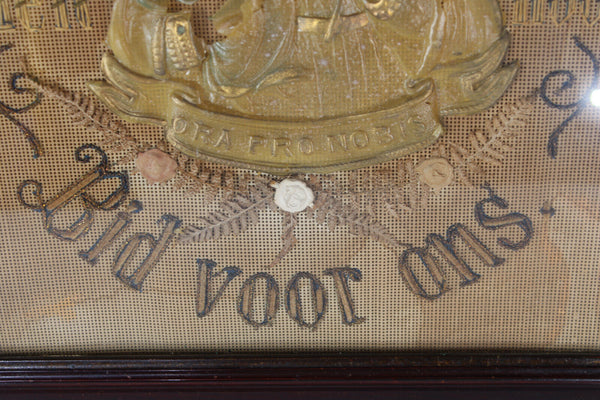 Antique religious embroidery wax  saint joseph wall plaque