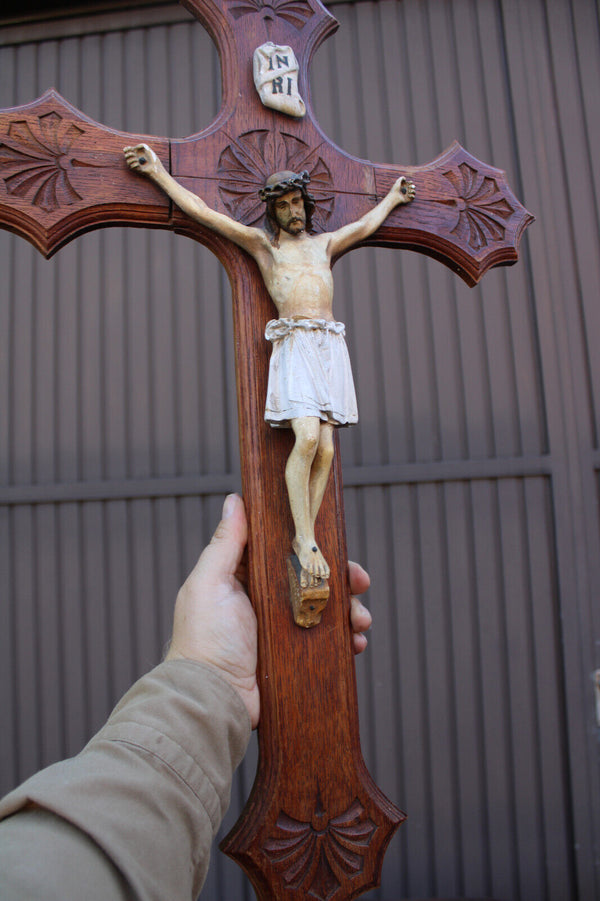 Antique wood crucifix ceramic chalk christ corpus religious cross