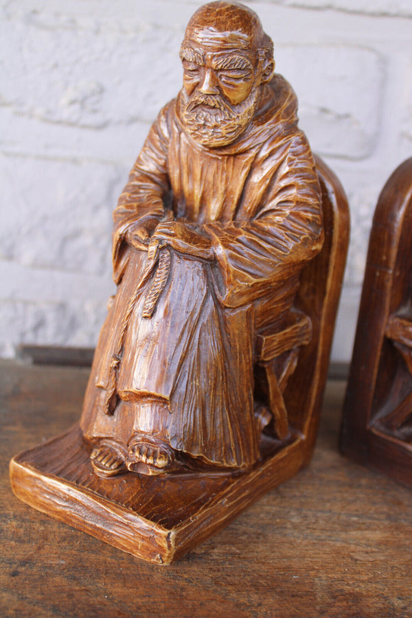 PAIR vintage religious monk bookends 1970s marked