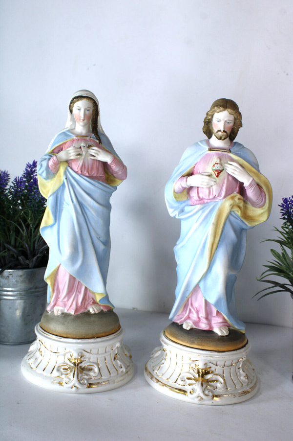 Antique 19thc vieux andenne porcelain bisque sacred heart mary jesus statue rare