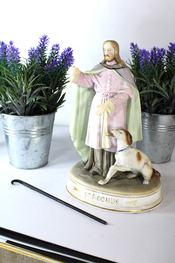 Antique 19thc vieux paris porcelain rare statue of saint roch with dog religious