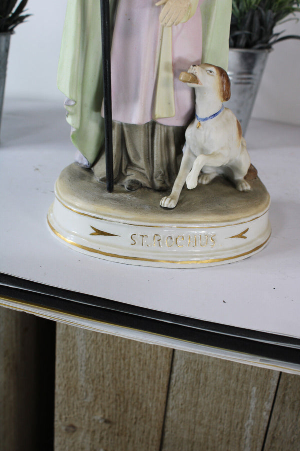 Antique 19thc vieux paris porcelain rare statue of saint roch with dog religious
