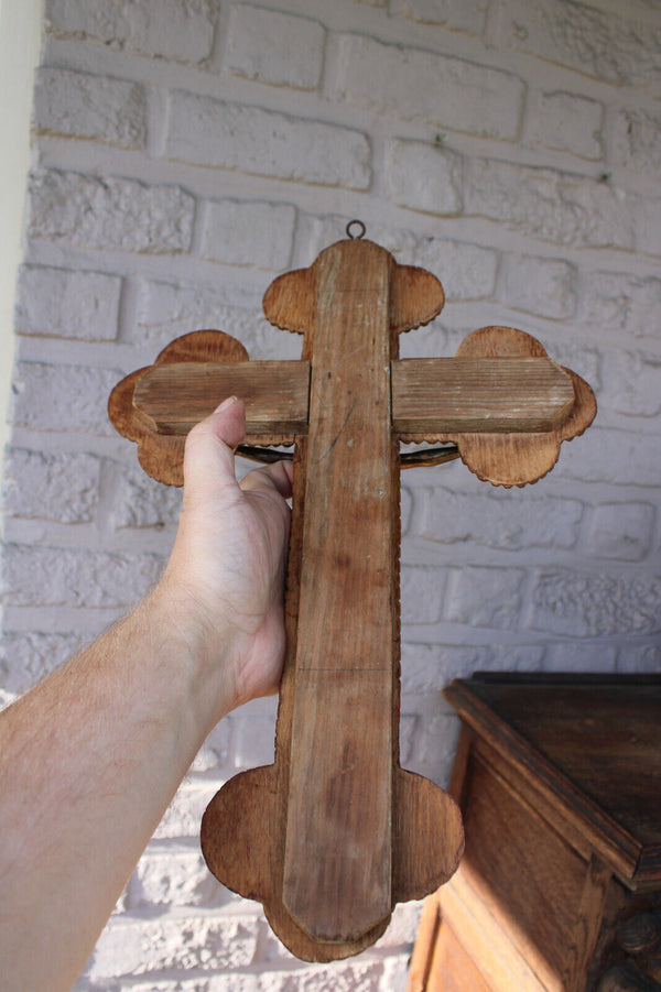 Antique tramp art wood carved wall crucifix