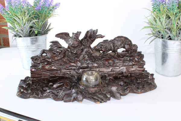 Antique 19thc black forest swiss wood carved desk inwell owl fox rare