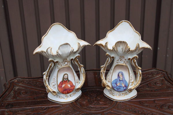 PAIR antique  vieux paris porcelain mary jesus portrait religious altar vases