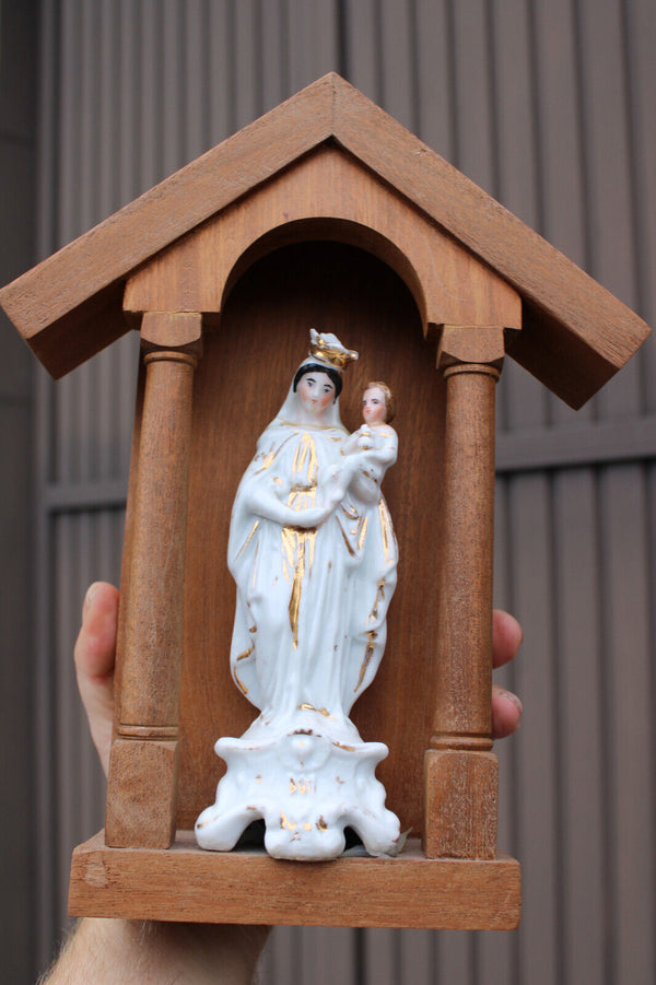 Antique french vieux paris porcelain madonna figurine wood chapel