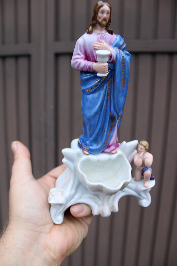 Antique french vieux paris porcelain 19thc jesus angel holy water font statue