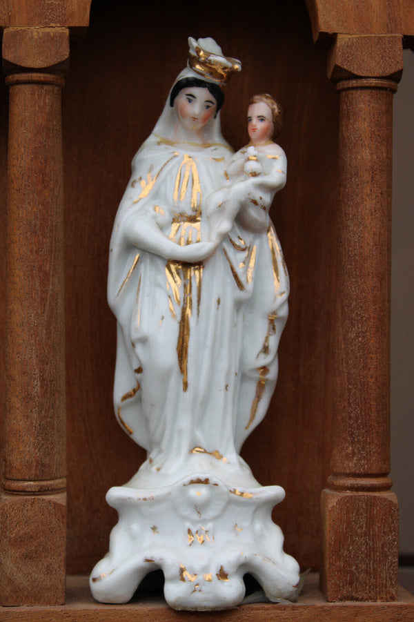 Antique french vieux paris porcelain madonna figurine wood chapel