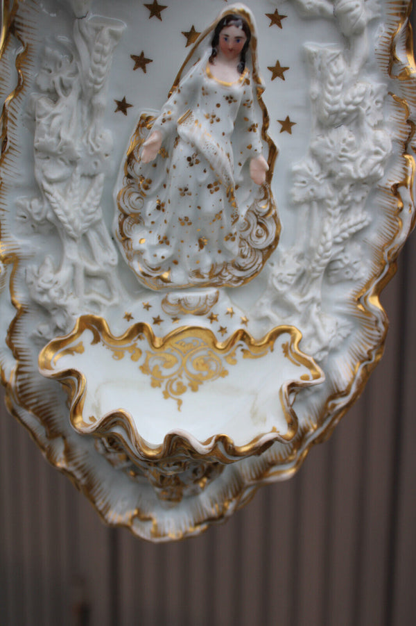 Antique french vieux paris porcelain 19thc wall holy water font madonna rare