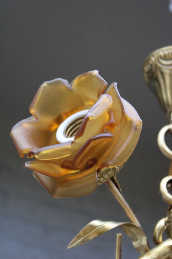 Vintage french bronze & brass putti cherub chandelier amber tulip shades