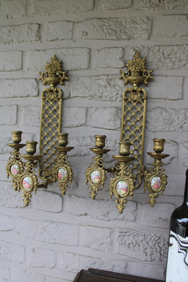 pair bronze limoges porcelan fragonard medaillons wall candle holders sconces
