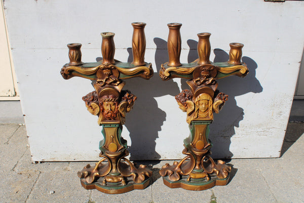 PAIR large AMORGASTI signed ceramic Church altar candelabras mary jesus angel