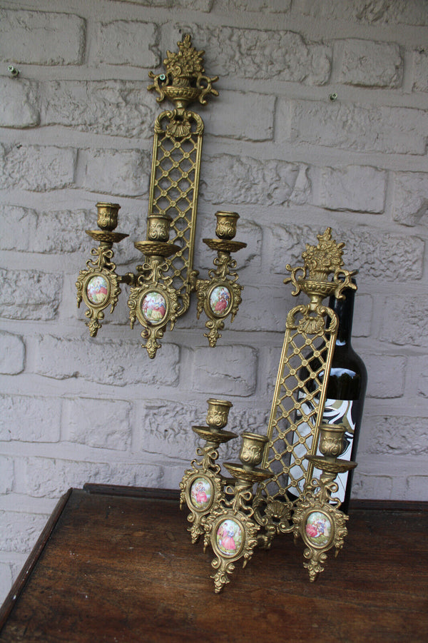 pair bronze limoges porcelan fragonard medaillons wall candle holders sconces