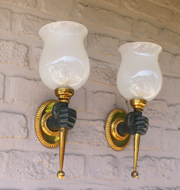 PAIR Hollywood regency bronze maison charles hand form sconces wall lights rare