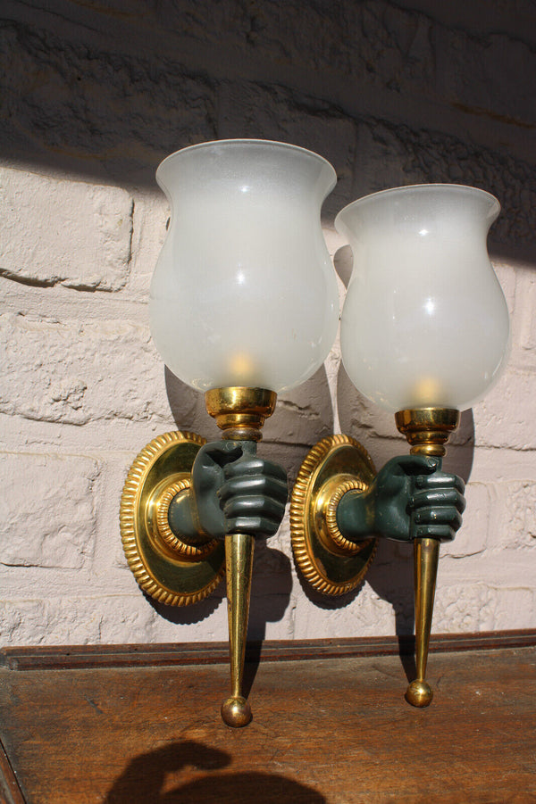 PAIR Hollywood regency bronze maison charles hand form sconces wall lights rare