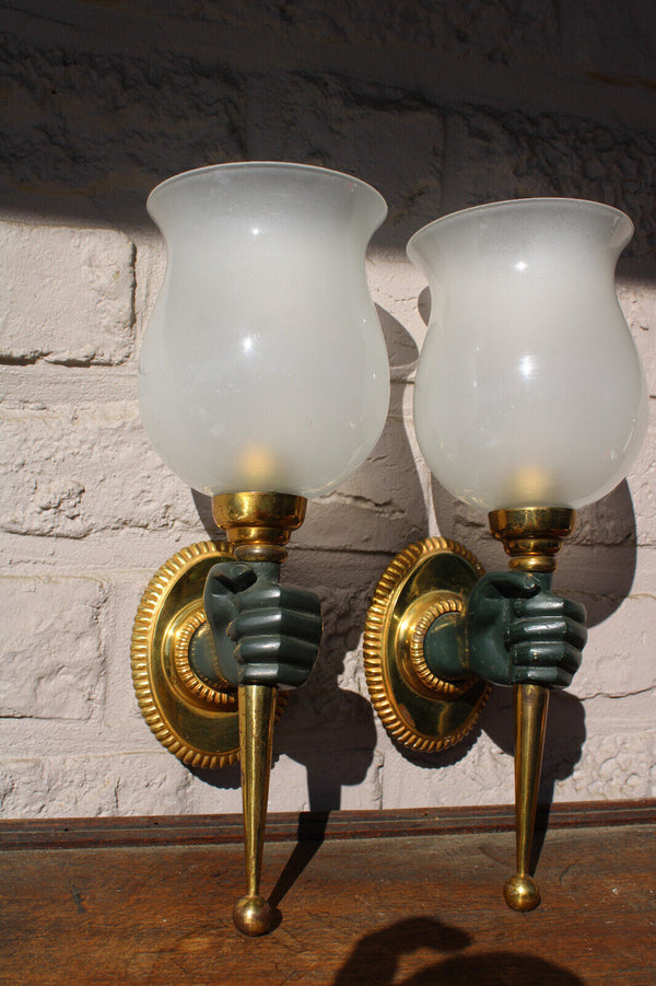 PAIR Hollywood regency bronze maison charles hand form sconces wall lights rare