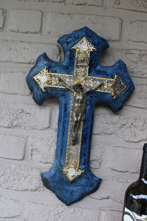Antique French wall crucifix metal blue velvet